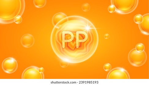 Orange vitamin PP floating in the air. Vitamins minerals complex and collagen serum. For cosmetic banner or beauty skin care nutrition design. Essential supplement to the health body. 3D vector.