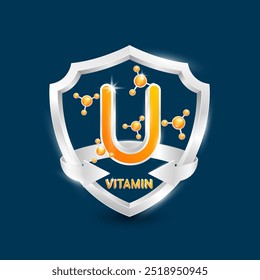 Orange vitamin U in silver shield with atom molecules surrounded by arrows. Nutrients necessary for building immunity and protect the body stay healthy. For nutrition products food. 3D Vector.