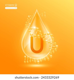 Orangefarbenes Vitamin U umgeben von DNA. Wassertropfen Serum Kollagen Lösung Feuchtigkeitsspender Hyaluronsäure Vitamine Komplex aus der Natur essenzielle Hautpflege. Für Anzeigen Kosmetik Creme Lotion. Vektor EPS10.