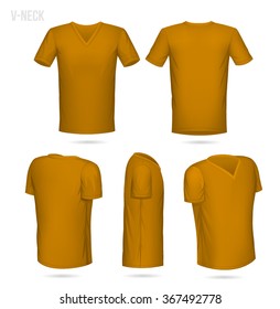 Orange V-Neck T-shirt 5 sides (front, back, 2/4 both left and right and side view)