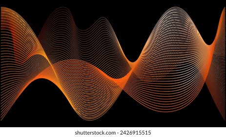 Orange voice swoosh on black background. Red gold skin trail. Wavy fast road ai grid. Soft sound wave lines abstract flyer. Technology neon light effect.