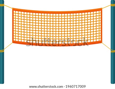 An orange volleyball net stretched between two blue poles. Grid for team sports such as volleyball badminton. Vector illustration in a flat style isolated on white background.