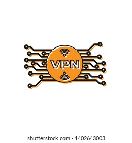 Orange VPN in circle with microchip circuit icon isolated on white background. Vector Illustration