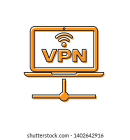 Orange VPN Computer network icon isolated on white background. Laptop network. Internet connection. Vector Illustration