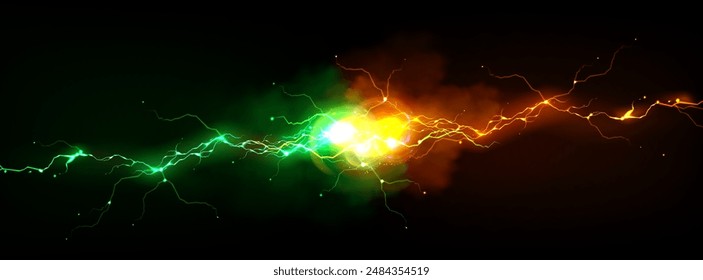 Resistencia de rayo naranja vs verde sobre fondo negro. Ilustración realista de Vector del concepto de confrontación de energía de luz de neón, nubes de humo en el aire, descarga de energía versus golpe de fuerza mágica