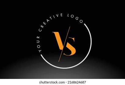 Orange VS Letter Logo Design with Creative Intersected and Cutted Serif Font.