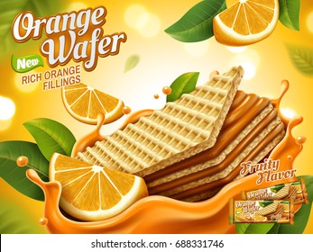 Orange wafer ads, crunchy biscuits with splashing orange fillings and fleshes isolated on bokeh background, 3d illustration