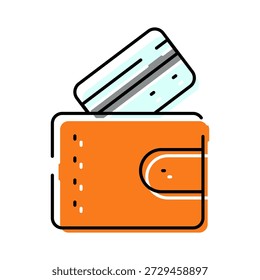Billetera naranja que recibe una tarjeta de crédito azul claro, ilustrando métodos de pago modernos, gestión de finanzas personales, transacciones bancarias y compras electrónicas