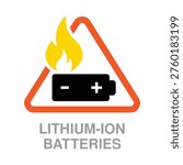 Orange warning sign for lithium-ion batteries with fire hazard symbol. Ideal for packaging, transport, warehouses, and industrial safety environments.