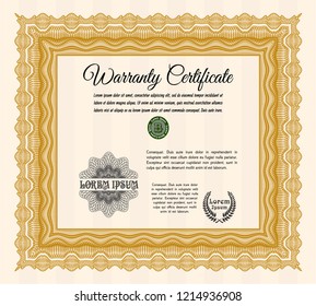 Orange Warranty Certificate template. Beauty design. Vector illustration. With guilloche pattern and background. 