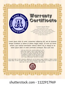 Orange Warranty Certificate template. With complex background. Customizable, Easy to edit and change colors. Perfect design. 