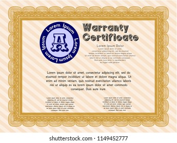 Orange Warranty Certificate template. With complex linear background. Money Pattern design. Detailed. 