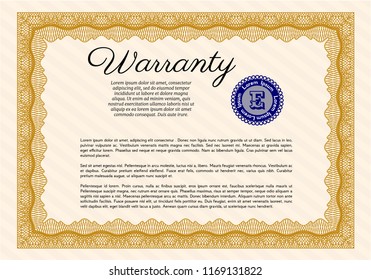 Orange Warranty Certificate template. With complex background. Customizable, Easy to edit and change colors. Superior design. 