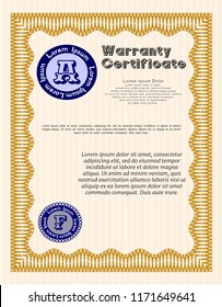 Orange Warranty Certificate template. Complex background. Money Pattern design. Detailed. 