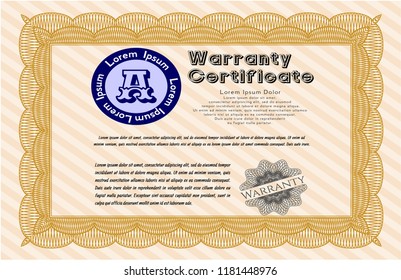 Orange Warranty Certificate template. With complex linear background. Perfect design. Customizable, Easy to edit and change colors. 
