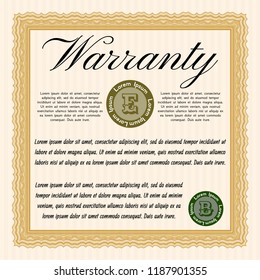Orange Warranty Certificate template. With complex linear background. Customizable, Easy to edit and change colors. Money Pattern. 