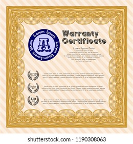 Orange Warranty Certificate template. Complex background. Perfect design. Detailed. 