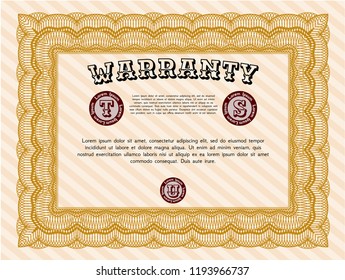Orange Warranty Certificate template. With complex background. Detailed. Artistry design. 