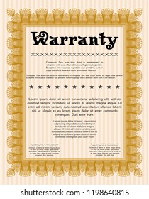 Orange Warranty Certificate template. With complex linear background. Cordial design. Vector illustration. 