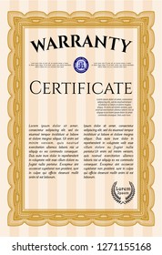 Orange Warranty Certificate template. Complex background. Vector illustration. Cordial design. 