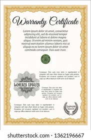 Orange Warranty Certificate template. Complex background. Detailed. Money style design. 