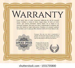 Orange Warranty Certificate template. With complex linear background. Customizable, Easy to edit and change colors. Money design. 