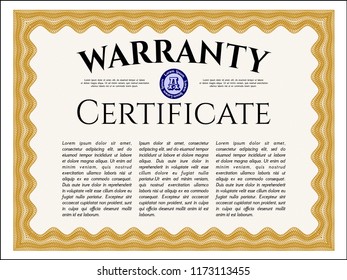 Orange Warranty Certificate template. Customizable, Easy to edit and change colors. With guilloche pattern and background. Money style design. 