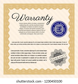 Orange Warranty Certificate template. Customizable, Easy to edit and change colors. With guilloche pattern and background. Elegant design. 