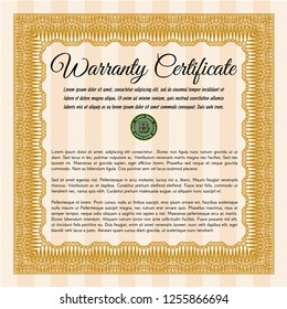 Orange Warranty Certificate template. Customizable, Easy to edit and change colors. Complex background. Retro design. 