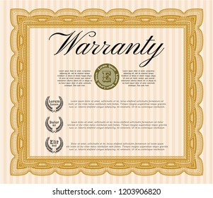 Orange Warranty Certificate template. Detailed. Printer friendly. Cordial design. 