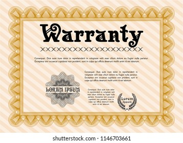 Orange Warranty Certificate template. Easy to print. Retro design. Vector illustration. 