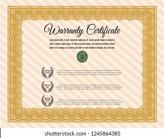 Orange Warranty Certificate template. Easy to print. Superior design. Vector illustration. 