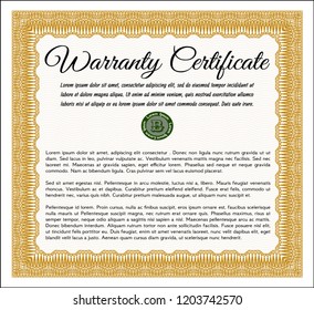 Orange Warranty Certificate template. Good design. Detailed. With background. 