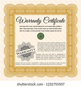Orange Warranty Certificate template. With guilloche pattern and background. Vector illustration. Sophisticated design. 