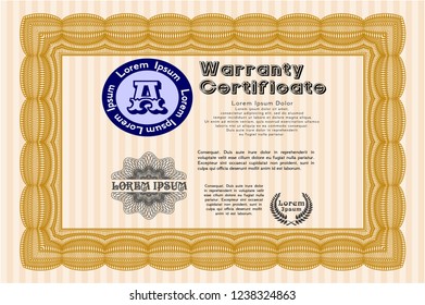 Orange Warranty Certificate template. With guilloche pattern. Superior design. Vector illustration. 