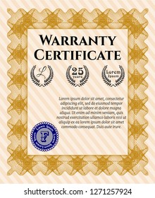 Orange Warranty Certificate template. With guilloche pattern. Vector illustration. Elegant design. 