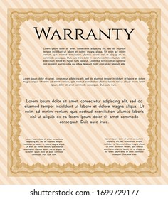 Orange Warranty Certificate template. With guilloche pattern and background. Retro design. Vector illustration. 