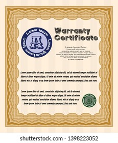 Orange Warranty Certificate template. With linear background. Customizable, Easy to edit and change colors. Elegant design. 