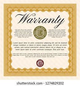 Orange Warranty Certificate template. Money design. With complex background. Detailed. 