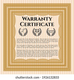 Orange Warranty Certificate template. Money Pattern design.  With quality background.  Vector illustration. 