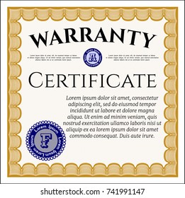 Orange Warranty Certificate template. Nice design. Customizable, Easy to edit and change colors. With guilloche pattern. 