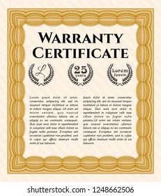 Orange Warranty Certificate template. Sophisticated design. With guilloche pattern. Vector illustration. 