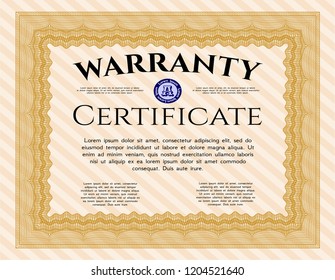 Orange Warranty Certificate template. Superior design. With guilloche pattern. Vector illustration. 