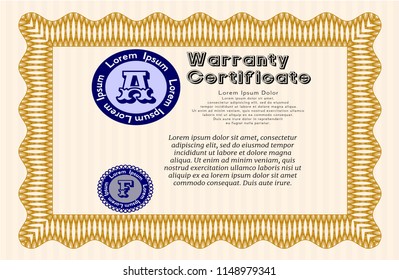 Orange Warranty Certificate template. Vector illustration. With background. Sophisticated design. 