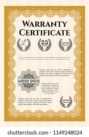 Orange Warranty Certificate template. Vector illustration. Complex background. Beauty design. 