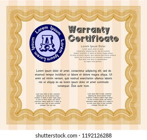 Orange Warranty Certificate template. Vector illustration. With guilloche pattern. Sophisticated design. 