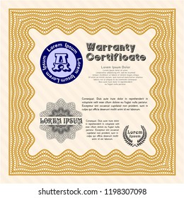 Orange Warranty Certificate template. Vector illustration. With guilloche pattern. Money Pattern. 