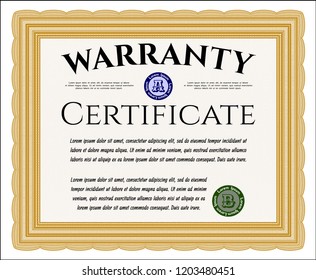 Orange Warranty Certificate template. Vector illustration. With complex linear background. Beauty design. 