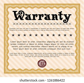 Orange Warranty Certificate template. Vector illustration. With guilloche pattern and background. Money style design. 