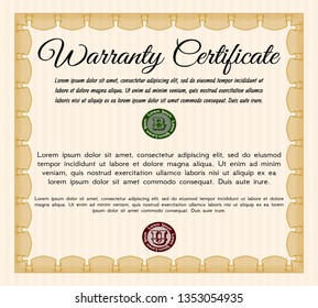 Orange Warranty Certificate template. Vector illustration. With quality background. Cordial design. 